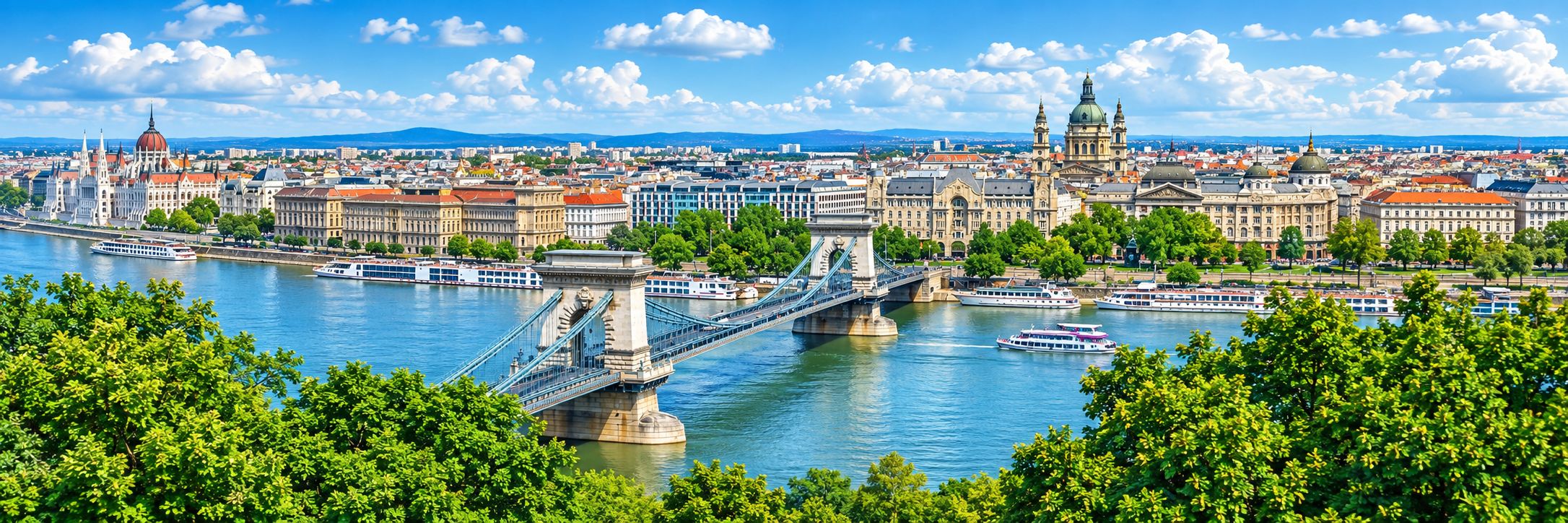 The Chain Bridge spans the Danube beneath the Budapest skyline, Hungary