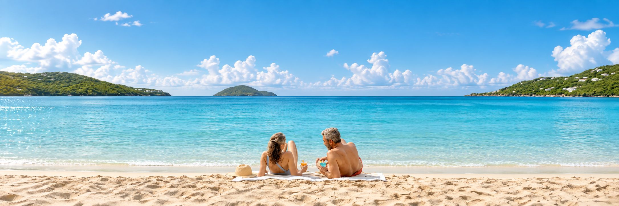 A couple relaxes on a tropical beach overlooking calm turquoise water and green island hills
