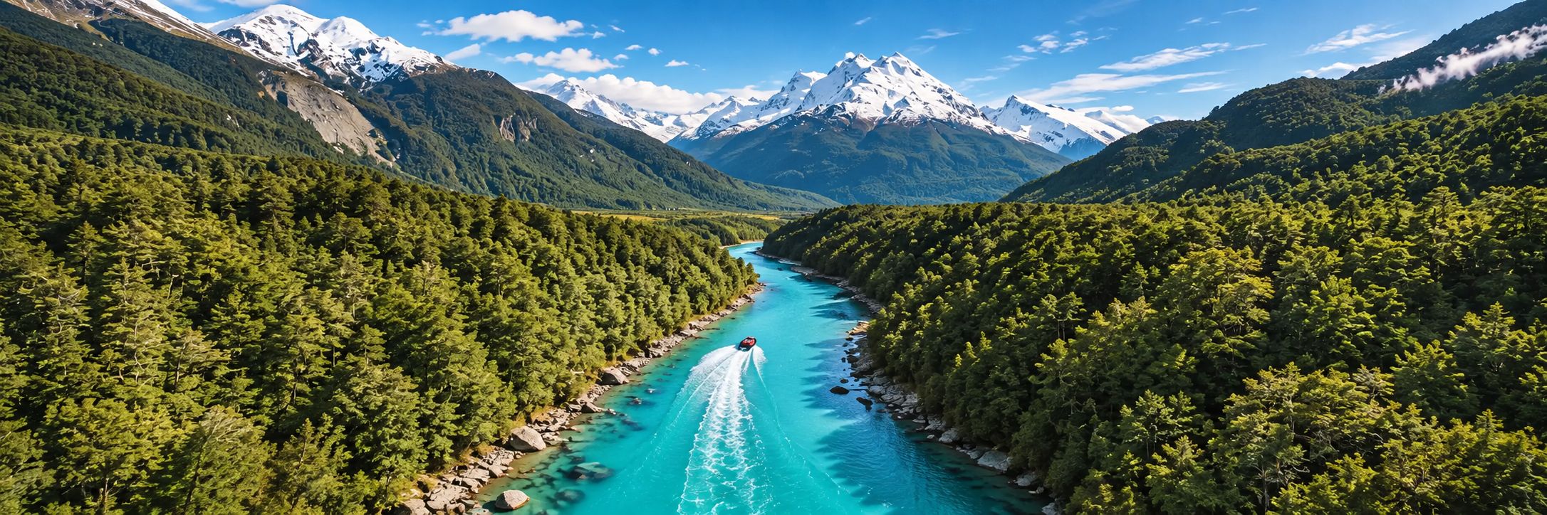 A turquoise glacial river winds through forest toward snow-capped mountains, with a red boat on the water