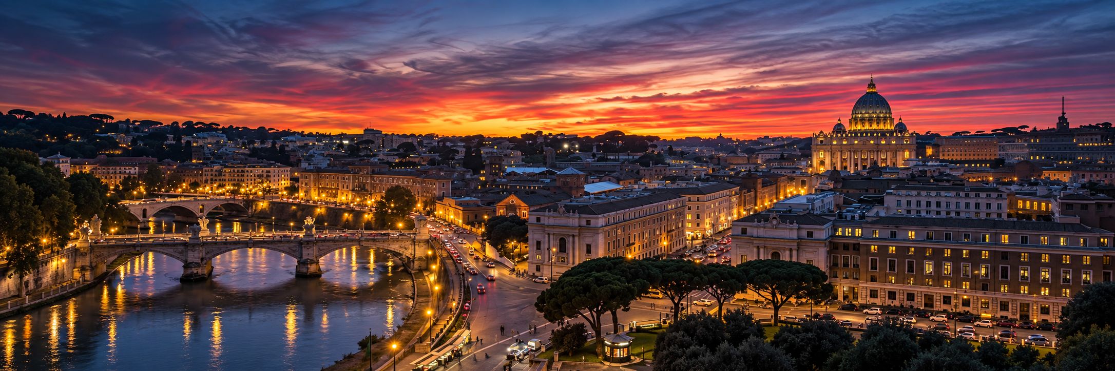 Rome at twilight, with St. Peter's Basilica dome rising over the Tiber River