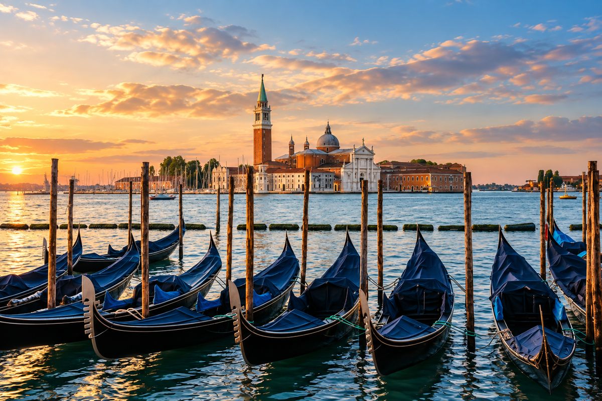 Gondolas moored at sunset on the Venice lagoon, with San Giorgio Maggiore's campanile across the water