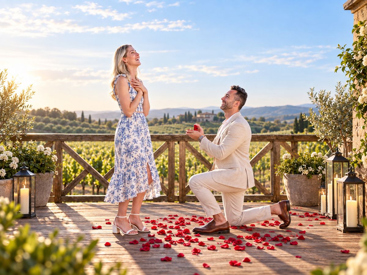 A couple celebrates a vineyard proposal at golden hour, rose petals scattered across a terrace overlooking rolling hills