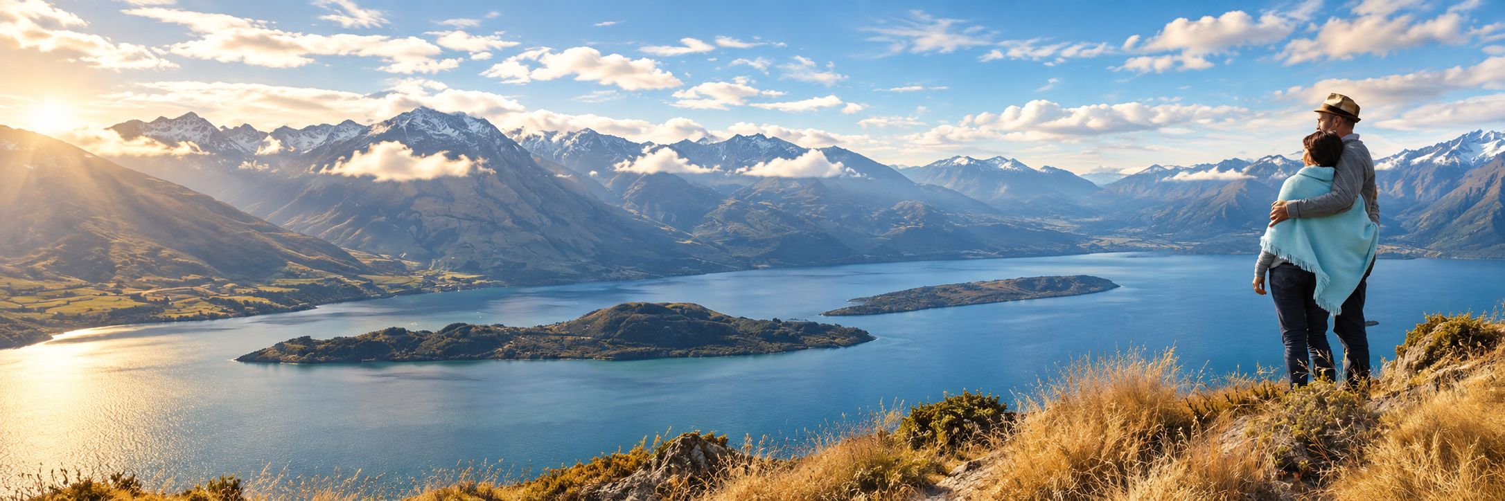 A couple takes in a mountain and lake overlook at golden hour, Queenstown, New Zealand